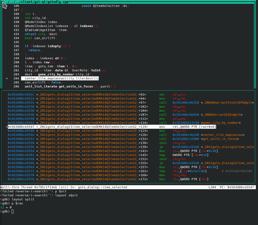 coredump in debugger